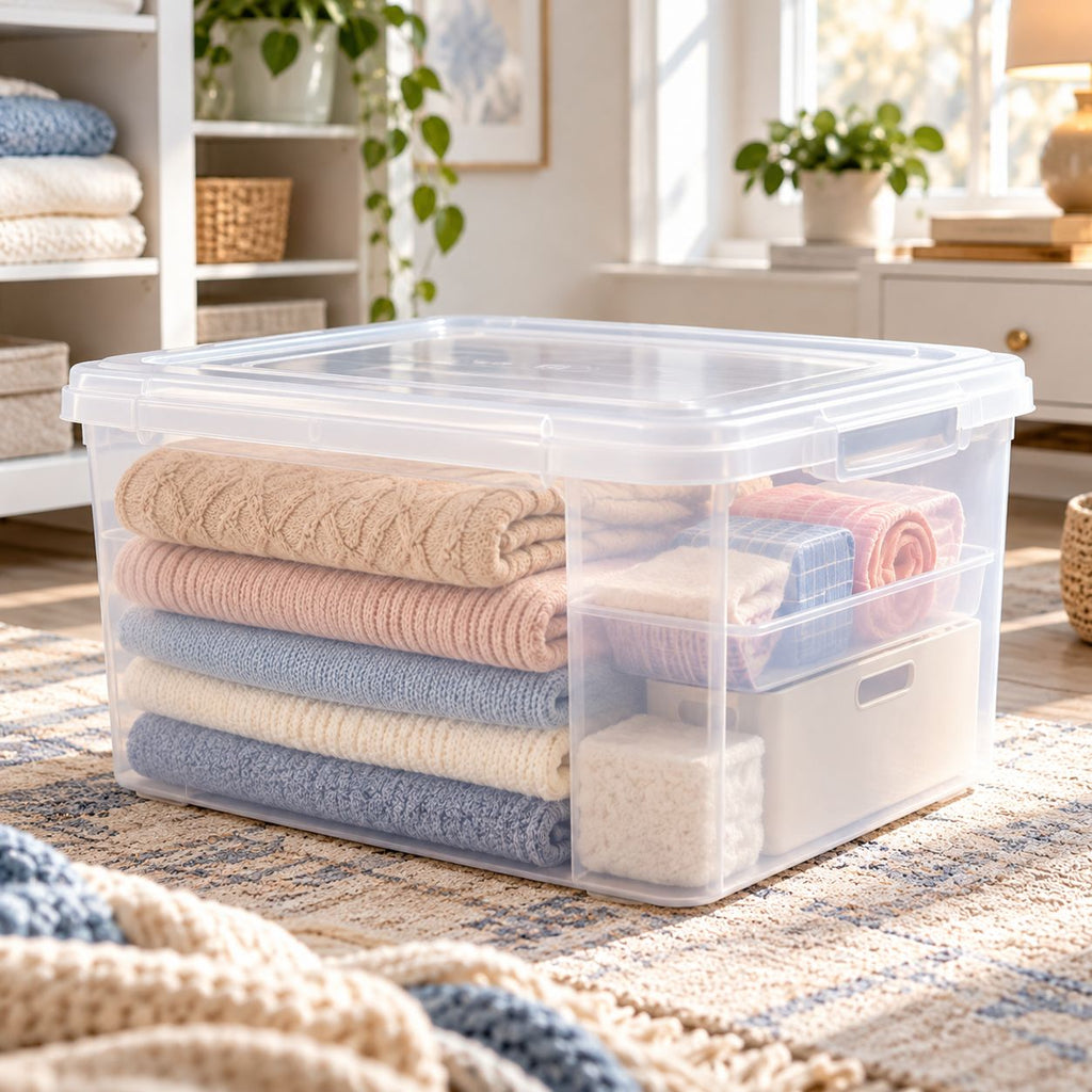 Melvionz™ ClearForm Stackable Storage Box — Lidded Plastic Organizer Bin