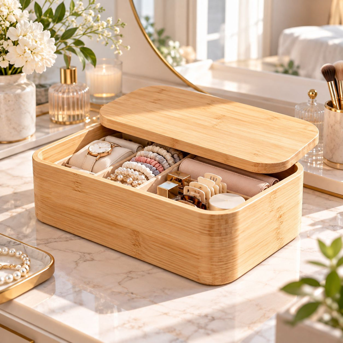 Melvionz™ GroveLine Bamboo Storage Box — Lidded Vanity & Shelf Organizer