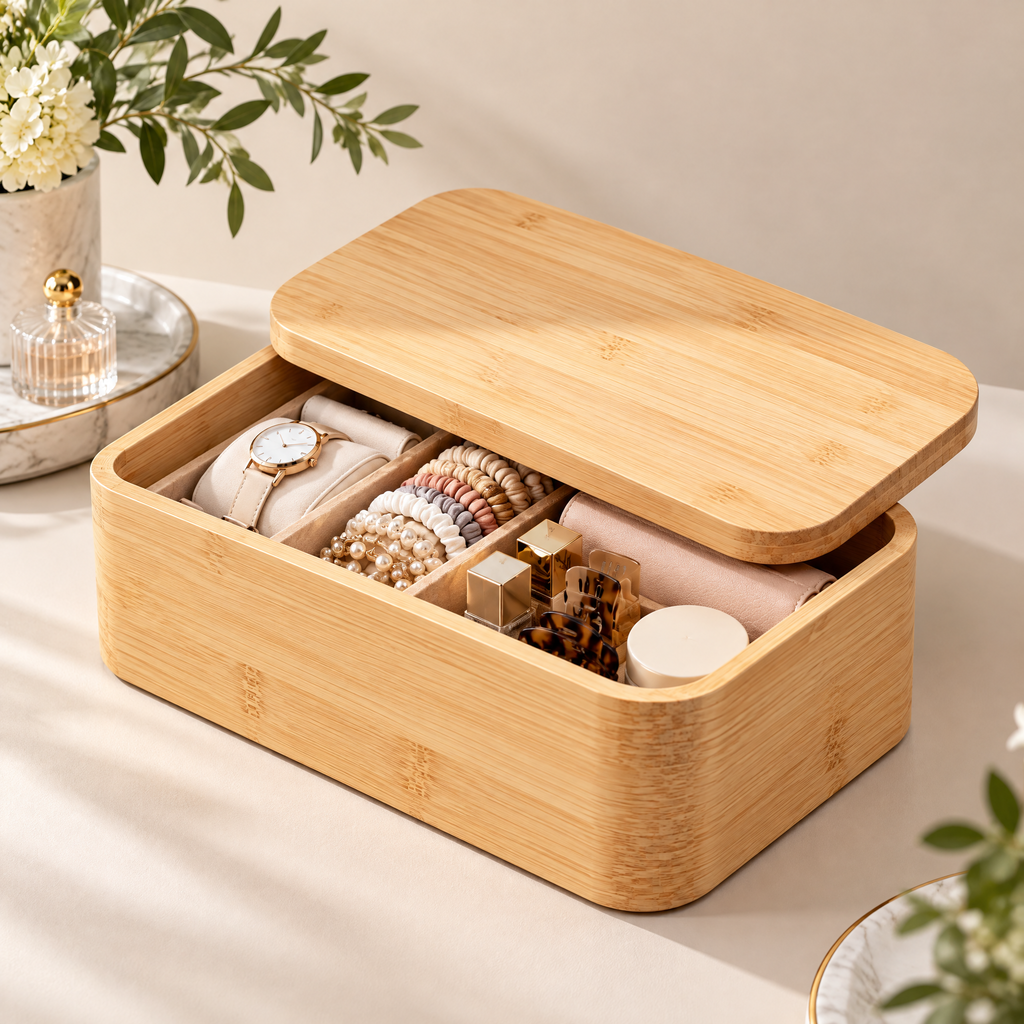 Melvionz™ GroveLine Bamboo Storage Box — Lidded Vanity & Shelf Organizer
