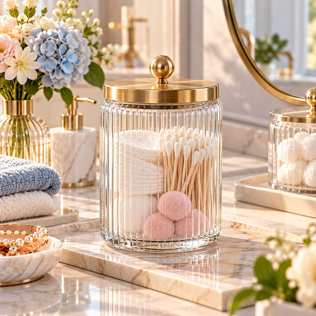 Melvionz™ LumiJar Glass Storage Canister — Ribbed Lidded Bathroom & Vanity Organizer