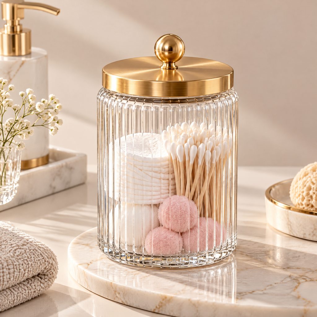 Melvionz™ LumiJar Glass Storage Canister — Ribbed Lidded Bathroom & Vanity Organizer