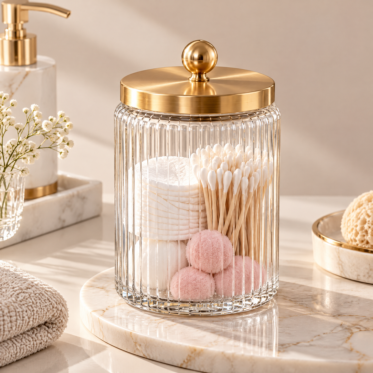Melvionz™ LumiJar Glass Storage Canister — Ribbed Lidded Bathroom & Vanity Organizer