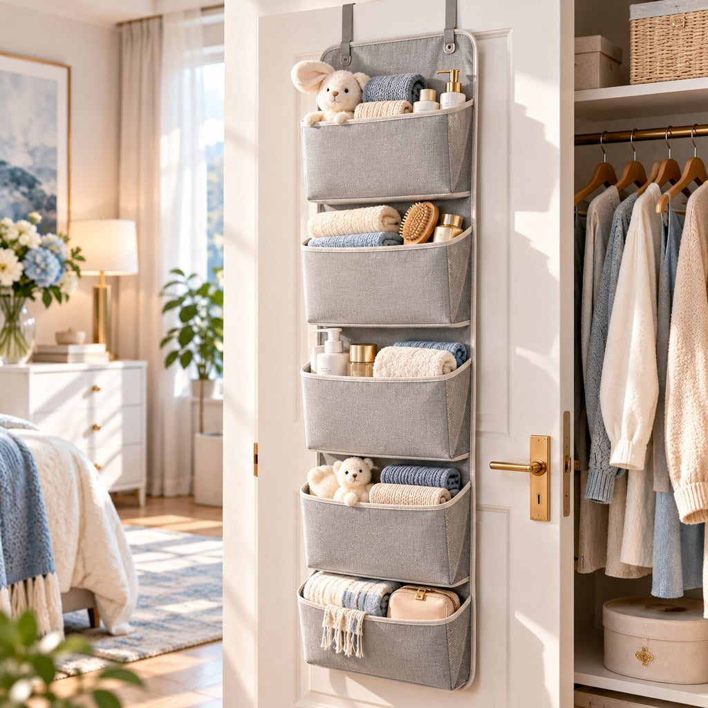 Melvionz™ DoorNest 5-Pocket Hanging Organizer — Fabric Closet & Door Storage