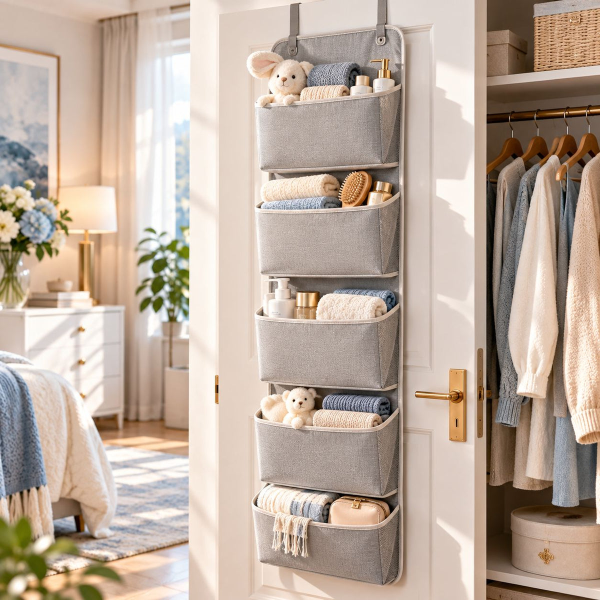Melvionz™ DoorNest 5-Pocket Hanging Organizer — Fabric Closet & Door Storage