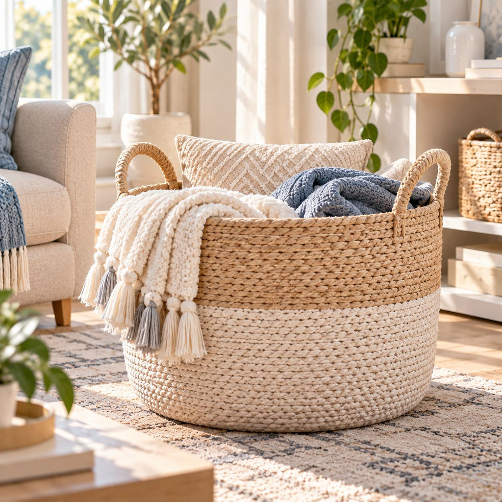 Melvionz™ WovenHalo Storage Basket — Handwoven-Style Shelf & Blanket Organizer