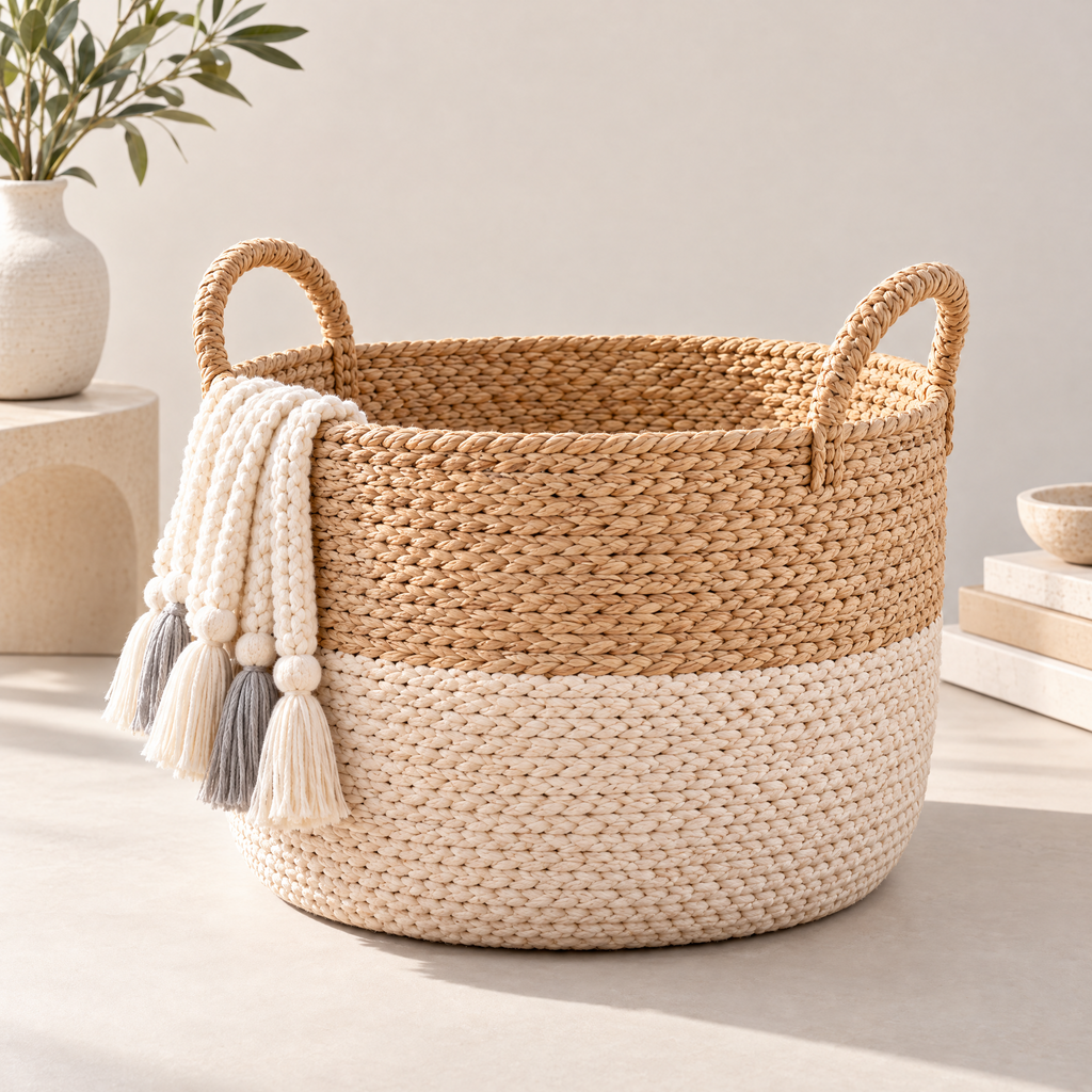 Melvionz™ WovenHalo Storage Basket — Handwoven-Style Shelf & Blanket Organizer