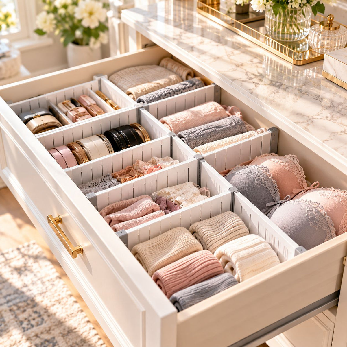Melvionz™ FlexLine Adjustable Drawer Divider Set — Expandable 4-Piece Drawer Organizer